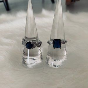 Two Silver Tone Fashion Rings with Blue and Clear Stone - Rectangle and Round